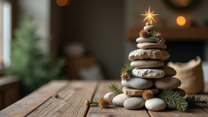 Obraz premium Minimalist zen stone stack christmas tree with glowing star on dark background, spa salon decoration