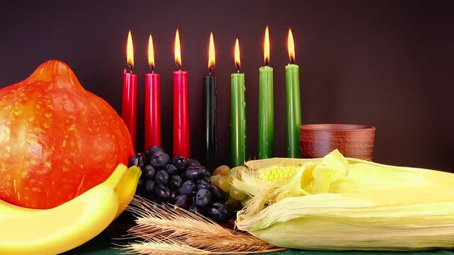 Kwanzaa holiday concept with traditional lit candles, pumpkin, corns, grapes, banana, bowl and wheats over black background, motion