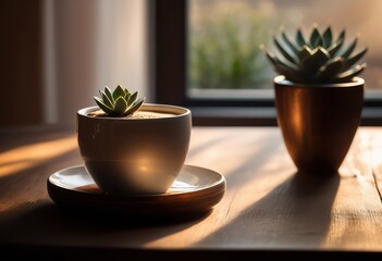 Fototapeta premium aesthetic solitary coffee cup resting rich wooden table showcasing natural grain texture interior design inspiration, home, kitchen, beverage, drink, brown