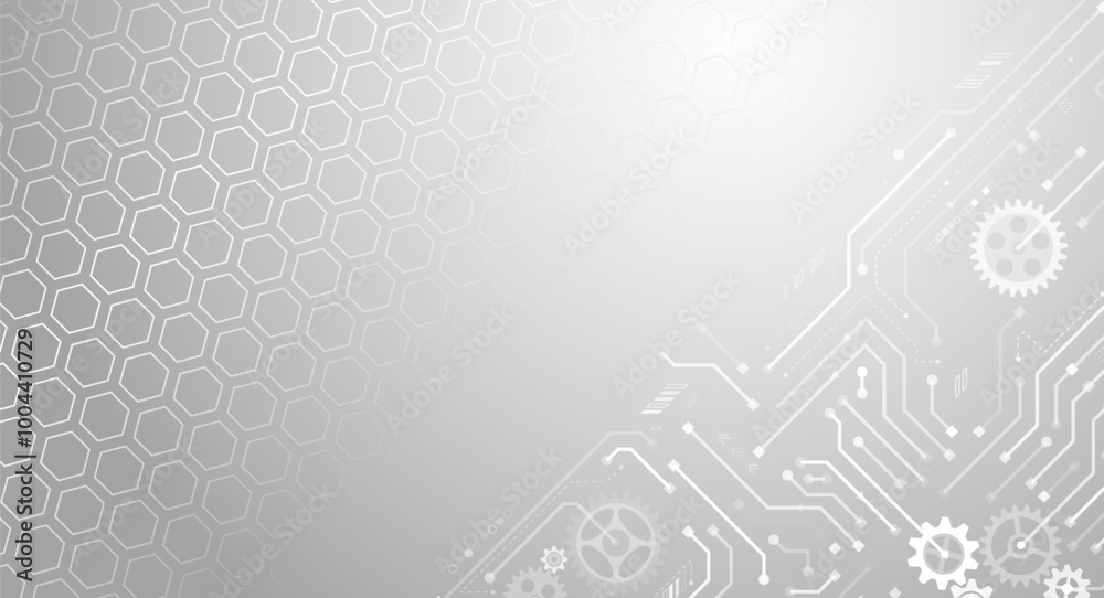Poster Wide High-tech circuit board and hexagons design. Innovation concept. Abstract futuristic communication vector illustration. Sci fi technology on the grey background.