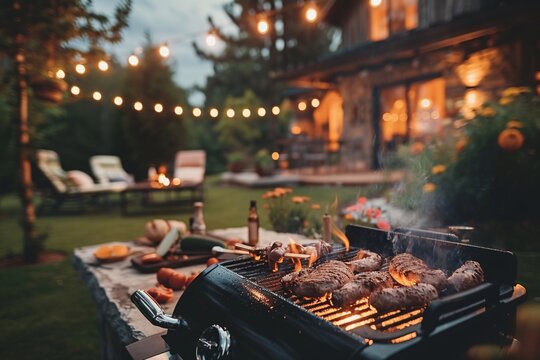 A delightful evening backyard barbecue features a grill sizzling with steaks and sausages, surrounded by twinkling string lights and inviting seating, creating a warm social atmosphere