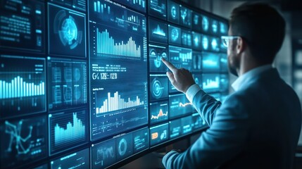 A business executive giving a presentation on business growth strategies, digital slides with financial data, modern conference room