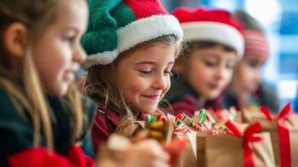 Children with Christmas Hats Opening Gifts