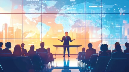 A business executive giving a presentation on global business expansion to a multinational audience, modern conference room