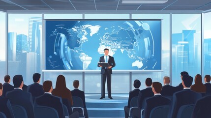 A business executive giving a presentation on global business expansion to a multinational audience, modern conference room