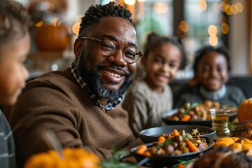 Obraz premium A joyful family gathers around a table filled with delicious autumn dishes. Laughter fills the air as they share a moment of gratitude and connection, celebrating the season together