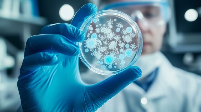 A doctor holds and examines a petri dish with a bacterial culture. A petri dish full of microbes and microorganisms