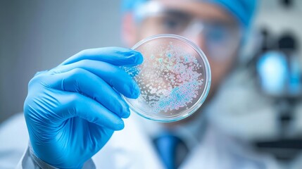 A doctor holds and examines a petri dish with a bacterial culture. A petri dish full of microbes and microorganisms