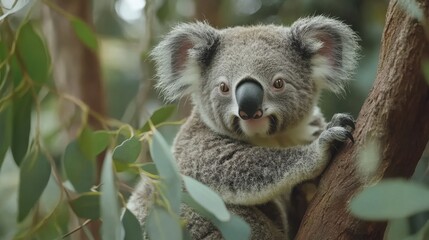 Naklejka premium Koala sitting on a tree branch munching on eucalyptus leaves, providing an authentic wildlife scene with ample space for copy.