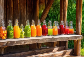 vibrant glass bottles filled refreshing fruit juices colorful display fresh fruits ice cubes, apple, berry, beverage, cocktail, condensation, cold, design