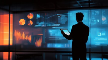 A business executive presenting quarterly reports to the board, graphs and data visible on a digital projector