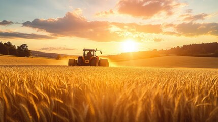 Fototapeta premium Tractor baling wheat field at sunset 