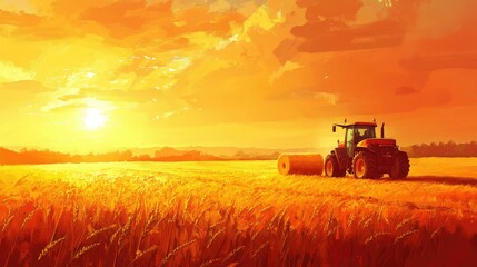 Fototapeta premium Tractor baling wheat field at sunset 
