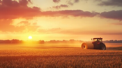 Tractor baling wheat field at sunset 
