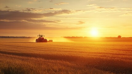 Fototapeta premium Tractor baling wheat field at sunset 