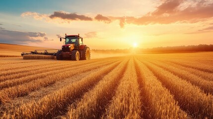 Fototapeta premium Tractor baling wheat field at sunset 