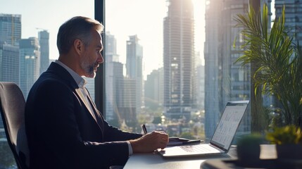 A business executive reviewing global financial data on a laptop, modern office with bright natural lighting and cityscape views