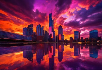 Obraz premium stunning vibrant city skyline captured sunset dramatic clouds revealing bright hues purple, lights, buildings, silhouette, horizon, urban, architecture
