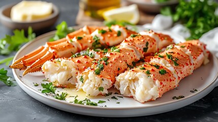 Closeup of vibrant king crab legs on a white plate with drawn butter, king crab legs, luxury seafood