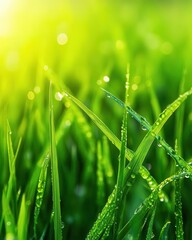 Fototapeta premium Dew on grass blades glistening in the morning sun, fresh weather, nature awakening