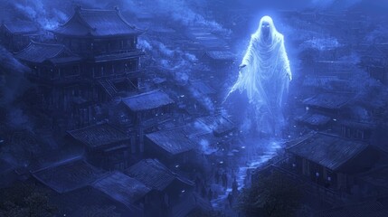 Eerie Spectral Figure in Ancient Chinese Dark Mythology Wandering Through Moonlit Village Creating Shadows Trail