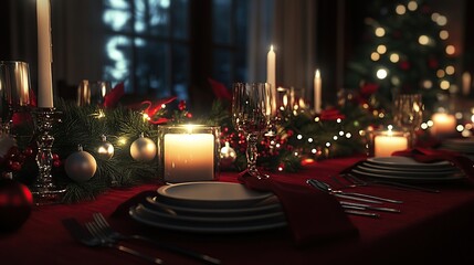Festive dining setup with candles and decorations.