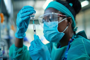 A healthcare worker wearing protective gear carefully draws a vaccine from a vial into a syringe in a lab setting. Bright light illuminates the workspace, focusing on the task