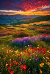 Fototapeta premium vibrant sunrise over rolling hills lush fields filled colorful wildflowers beneath bright blue sky, colors, landscape, nature, green, light, horizon, scenery