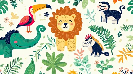 Obraz premium Vector seamless pattern with lion crocodile zebra elephant sloth.Tropical jungle cartoon creatures.Cute natural pattern for fabric childrens clothing textiles wrapping paper.