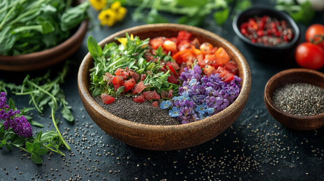 une photographie d'un repas de famille vu de haut ou l'on voit une table remplis de nourriture avec des graines de chia, il faut sue ce soit chic et lumineux