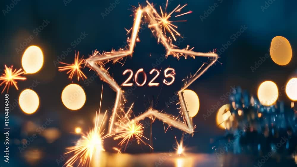 Poster burning sparkler forming a star with 2023 sign against a blurred background with bokeh lights, perfe