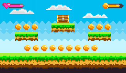 Retro-style platformer scene showing floating grass platforms with gold coins and a treasure chest. Blue sky with clouds in the background and health and energy bars on the top corners. Ideal for © robu_s