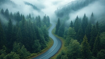 Serpentine road through misty mountains and dense forests.