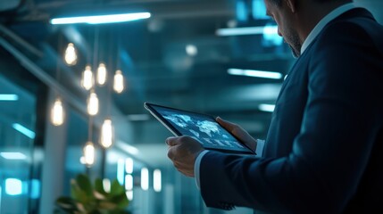 Fototapeta premium A business executive using a tablet to review global business trends, sleek modern office with bright lighting