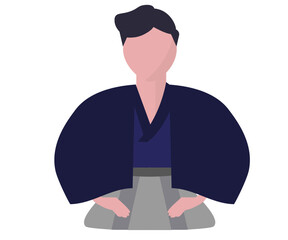 羽織袴を着た新年の挨拶をする男性。着物を着て正座をする人物。ベクターイラスト