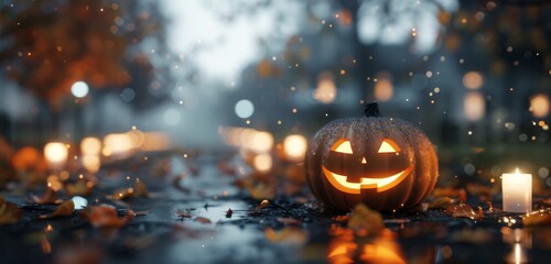 Obraz premium Glowing Jack-O-Lantern on Rainy Halloween Night in a Cobblestone Street