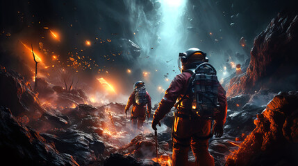 Two astronauts in high-tech suits explore a fiery, alien landscape with glowing embers and falling debris, illuminated by a mysterious light from above.