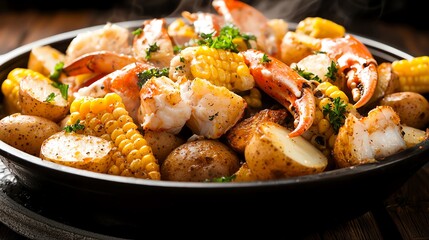 Vibrant seafood boil with crab legs, corn, and potatoes spilling from a steaming pot, seafood boil, southern cuisine