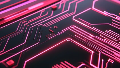 Abstract circuit board with illuminated microchip, glowing lines and components, futuristic tech landscape, focus on digital data flow and connectivity
