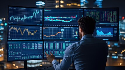 Financial Analyst Reviewing Stock Market Data at Night