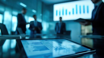 A business meeting in a high-tech conference room, participants reviewing financial reports on digital tablets and screens