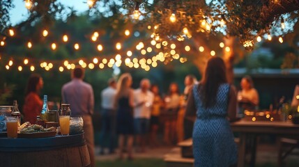 Lively Outdoor Party with String Lights in Evening Glow