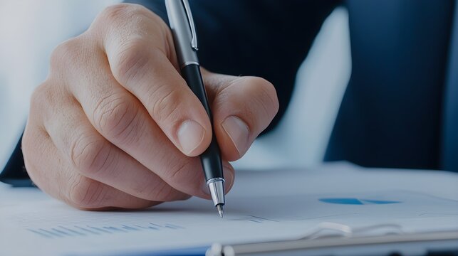 Close-up of a consultants hand with a pen, directing attention to key data points on a business report, representing expert analysis, good fingers, good hand
