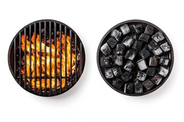 Comparison of two round grills, one burning with intense flames and hot coals, the other with unlit charcoal, clean metal grates in focus, concept of fire and rest, isolated on white background