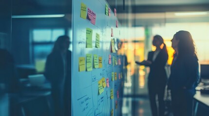 A business team engaged in a lively brainstorming session, sticky notes and whiteboards filled with ideas