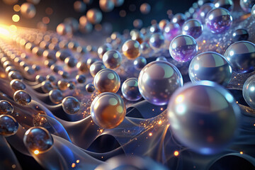 Captivating illustration of colorful orbs suspended in a flowing, luminous wave mesmerizingly glows in a surreal cosmic landscape. Generative AI