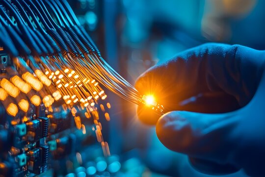 Fusion splicing of fiber optic cables, bright light at the connection point, close-up of high-tech tools and equipment, focus on advanced telecommunications technology