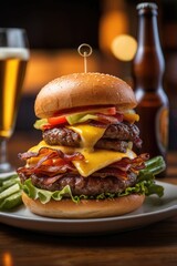 Beef burger stacked with cheese bacon