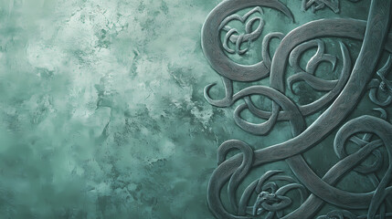 Intricate celtic knotwork design with interwoven strands and stylized animal motifs, presented against a misty green background with subtle layering and texture. Celtic Knotwork. Illustration