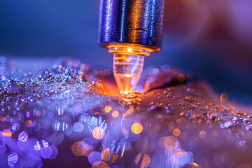 A laser engraver focuses on a metal surface, creating intricate designs while water droplets capture vibrant reflections. The setup emphasizes technology and craftsmanship in action